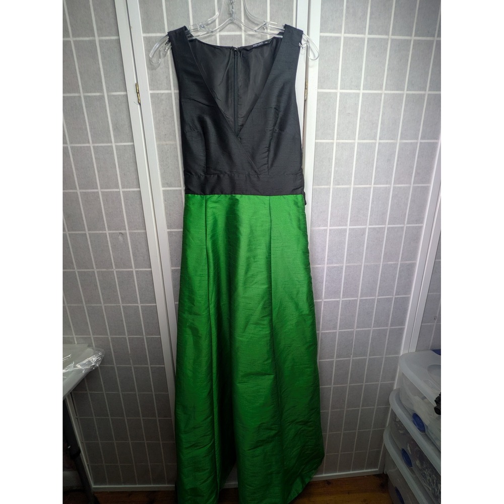 eShakti Womens Dupioni Maxi Dress 8 Colorblock Gown Medium Black Green Zip Sash